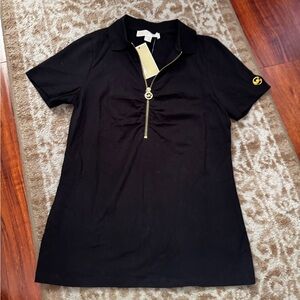 Michael Kors monogram polo shirt women tee with gold logo zipper